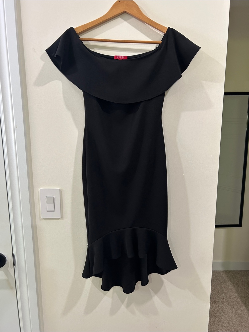 Guess Black One-Shoulder Ruffle Hem Dress